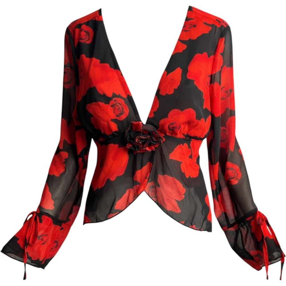 Y2K Red Rose Floral Sheer Mesh Rosette Tie Front Cardigan Top Dark Romantic Rose
